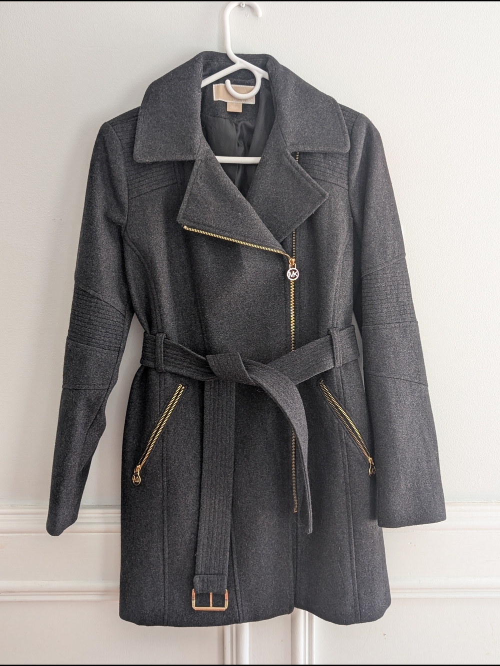 Michael Kors Dark Gray Belted Trench Coat with Gold Hardware